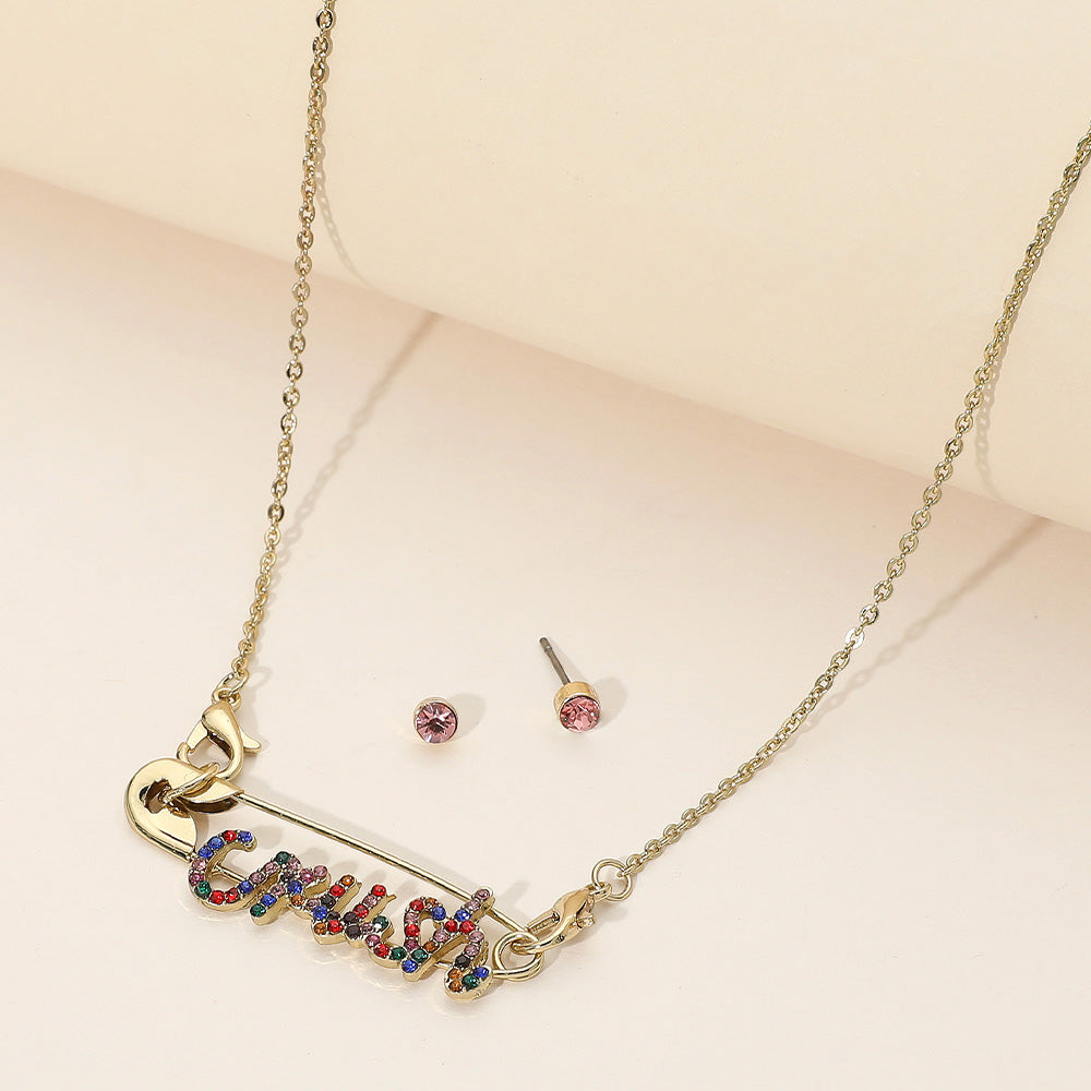 Madeline Love Gold, Multi Rhinestone Paved CRUSH Message Pointed Safety Pin Pendant Necklace - Necklaces
