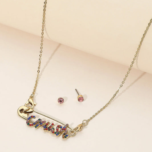 Madeline Love Gold, Multi Rhinestone Paved CRUSH Message Pointed Safety Pin Pendant Necklace - Necklaces