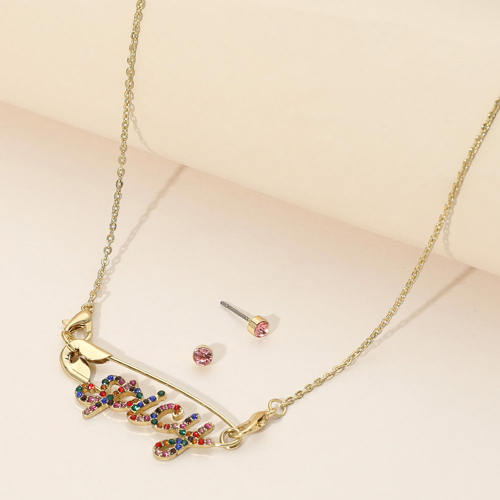 Madeline Love Gold, Multi Rhinestone Paved SPICY Message Pointed Safety Pin Pendant Necklace - Necklaces
