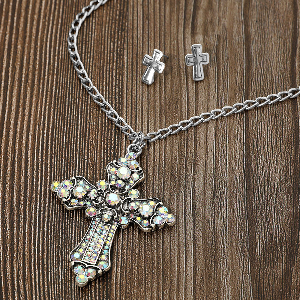 Madeline Love AB, Silver Burnished Stone Embellished Cross Pendant Necklace - Jewelry