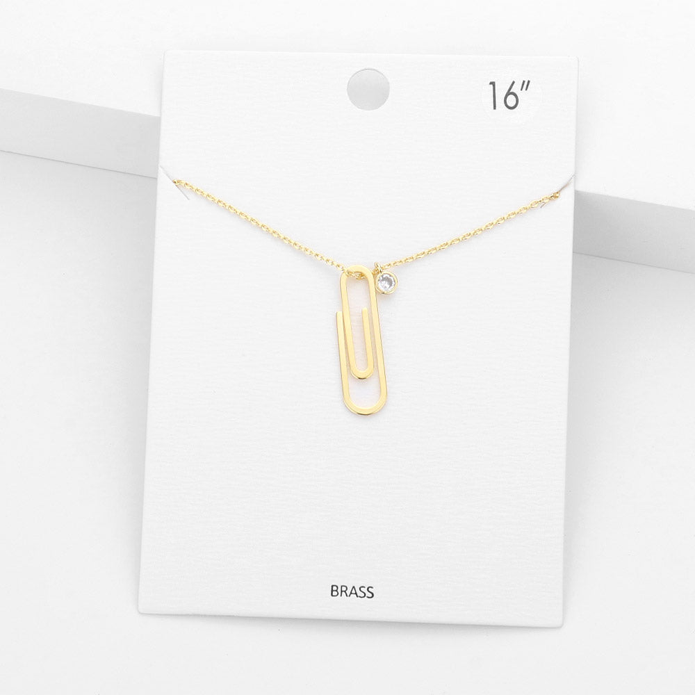 Madeline Love Worn Gold Brass Metal Paperclip Round Stone Pendant Necklace - Necklaces
