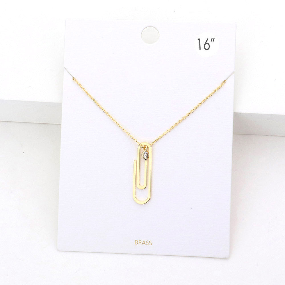 Madeline Love Gold Brass Metal Paperclip Round Stone Pendant Necklace - Necklaces