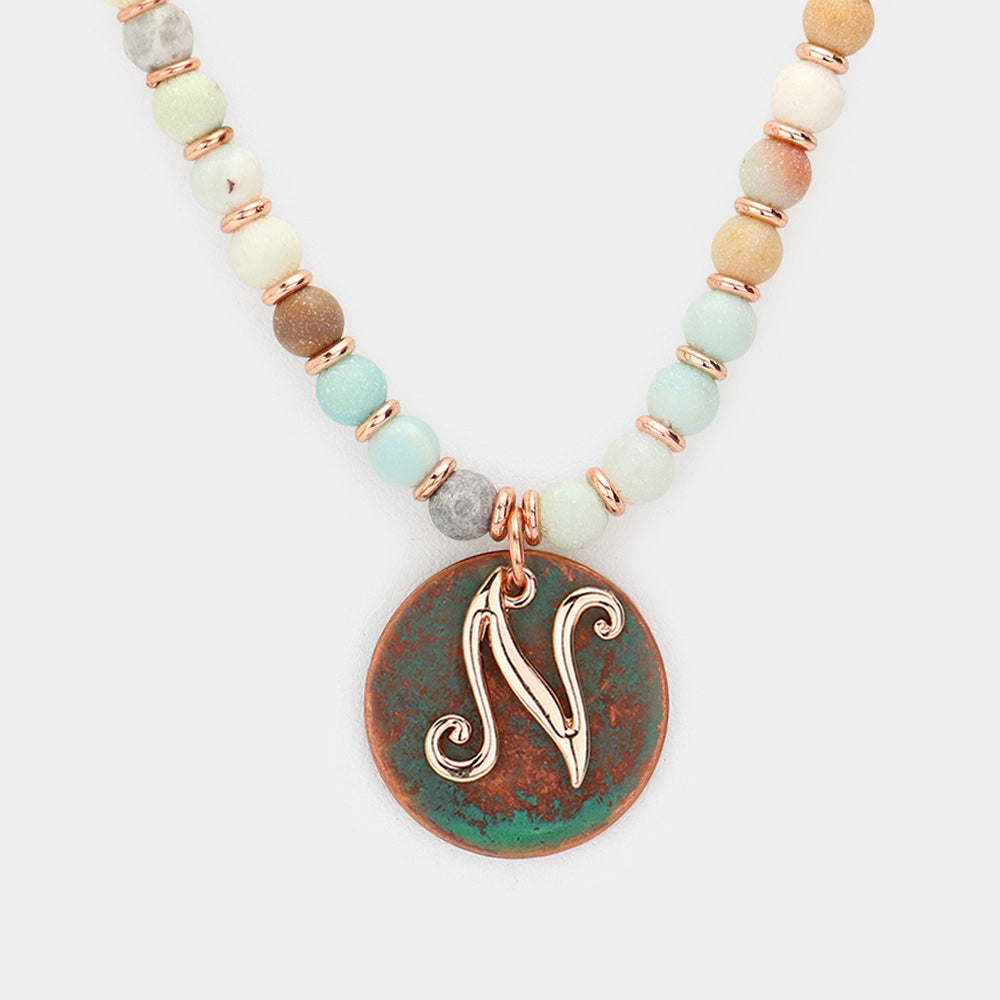 Madeline Love Multi, Patina Verdigris -N- Initial Monogram Pendant Natural Stone Long Necklace - Necklaces