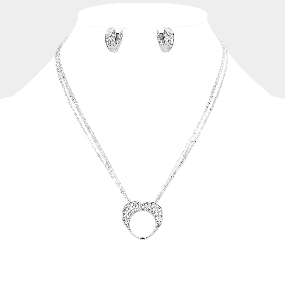 Madeline Love Rhodium, Clear Crystal Rhinestone Pave Heart Cutout Round Pendant Necklace - Necklaces