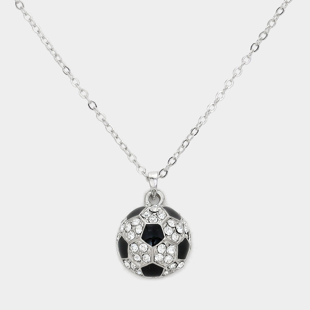 Madeline Love Clear, Rhodium Crystal Soccer Pendant Necklace - Sports & Events