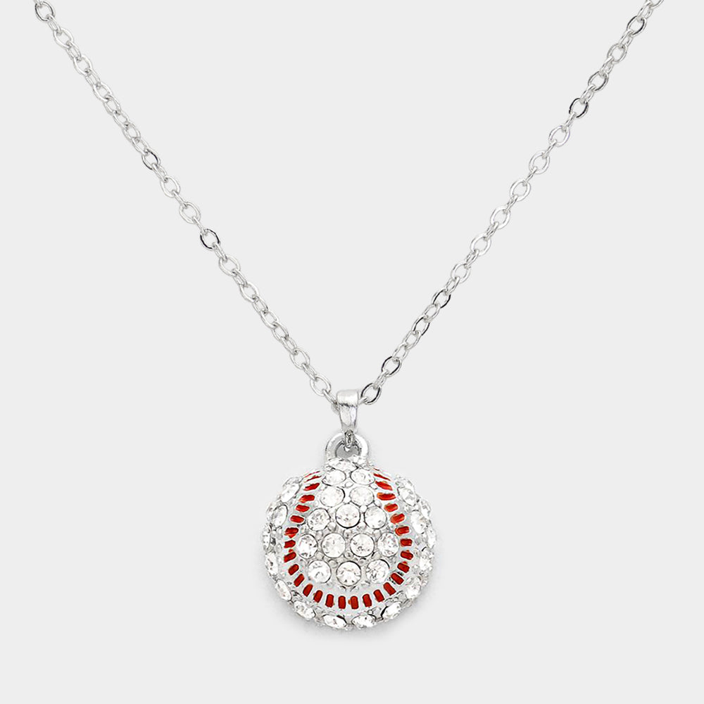 Madeline Love Clear, Red, Rhodium Crystal Baseball Pendant Necklace - Sports & Events