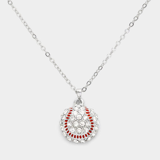 Madeline Love Clear, Red, Rhodium Crystal Baseball Pendant Necklace - Sports & Events