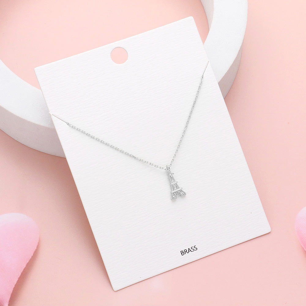Madeline Love Clear, Silver Rhinestone Embellished Brass Metal Eiffel Tower Pendant Necklace - Necklaces