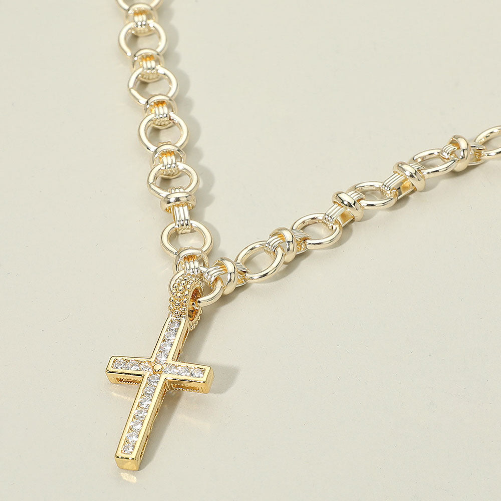 Madeline Love Gold 14K Gold Plated CZ Stone Paved Cross Pendant Chunky Circle Link Chain Necklace