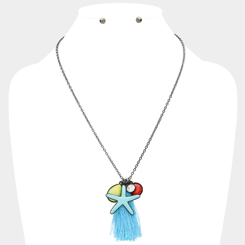 Black, Blue, Multi Starfish Tassel Pendant Necklace