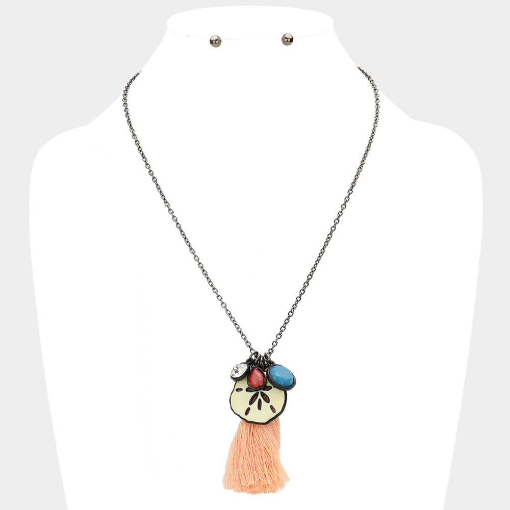 Black, Coral, Multi Sand Dollar Tassel Pendant Necklace
