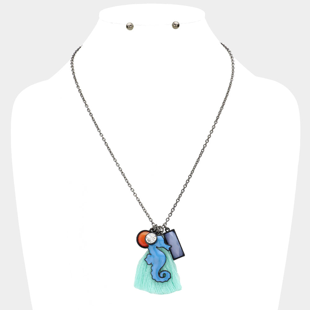 Madeline Love Black, Mint, Multi Seahorse Tassel Pendant Necklace - Necklaces