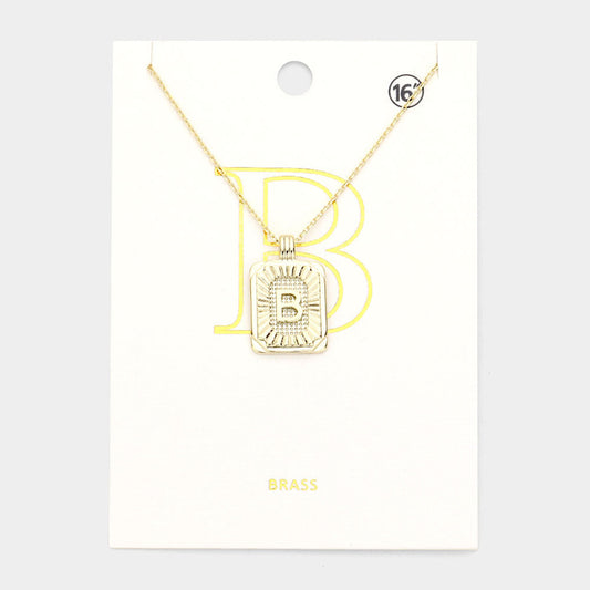Madeline Love Gold -B- Brass Metal Rectangle Initial Monogram Pendant Necklace - Necklaces