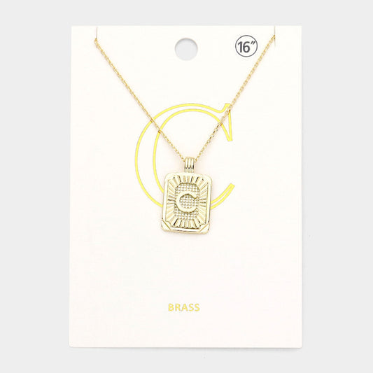 Madeline Love Gold -C- Brass Metal Rectangle Initial Monogram Pendant Necklace - Necklaces