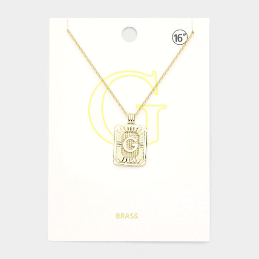 Madeline Love Gold -G- Brass Metal Rectangle Initial Monogram Pendant Necklace - Necklaces