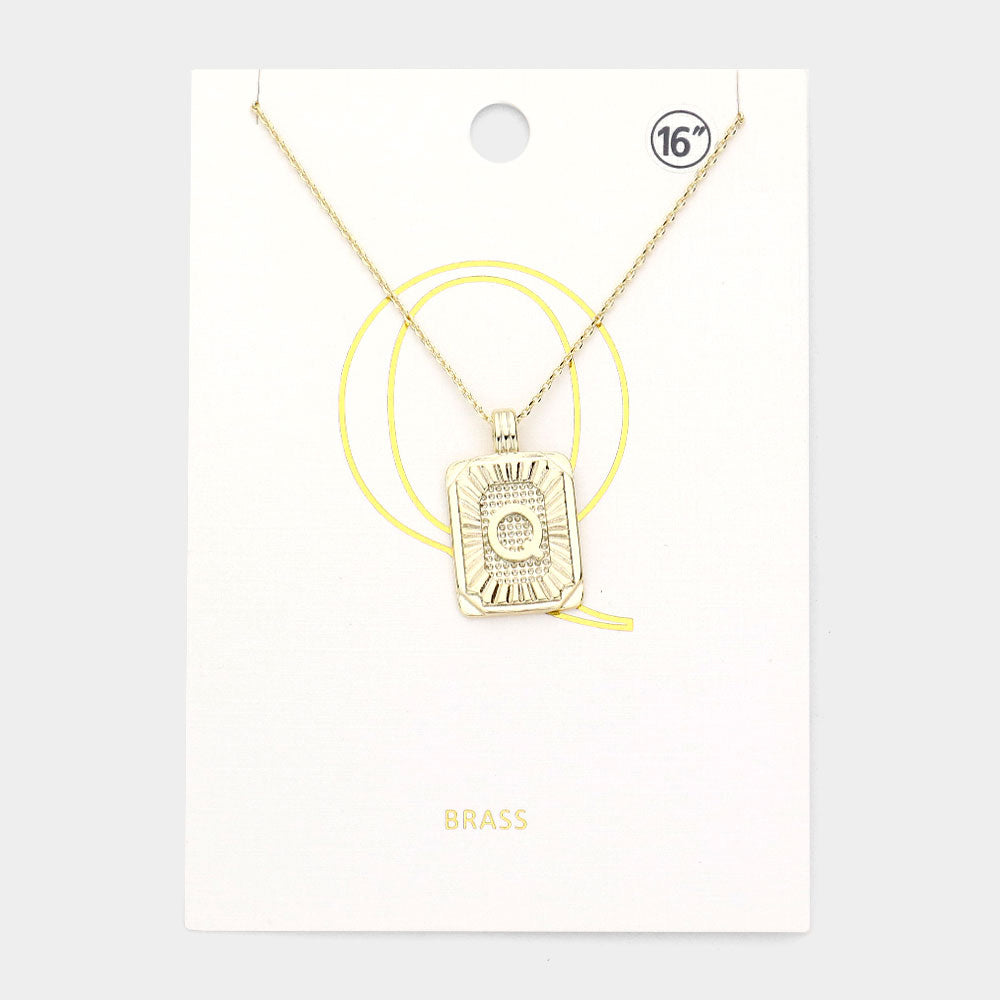 Madeline Love Gold -Q- Brass Metal Rectangle Initial Monogram Pendant Necklace - Necklaces