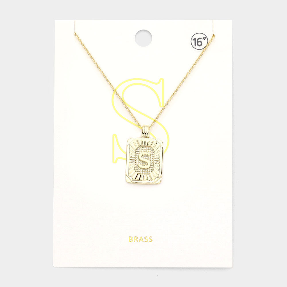 Madeline Love Gold -S- Brass Metal Rectangle Initial Monogram Pendant Necklace - Necklaces