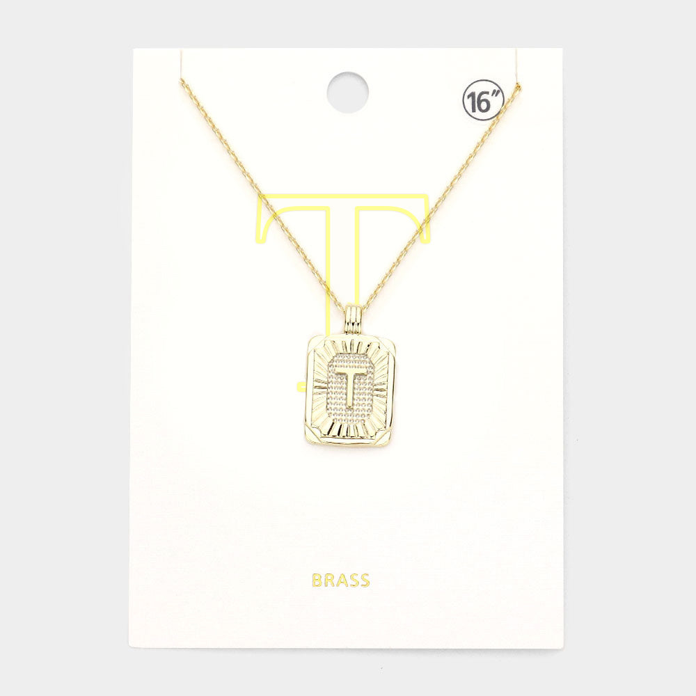Madeline Love Gold -T- Brass Metal Rectangle Initial Monogram Pendant Necklace - Necklaces