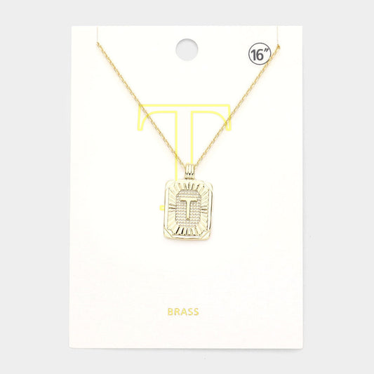 Madeline Love Gold -T- Brass Metal Rectangle Initial Monogram Pendant Necklace - Necklaces