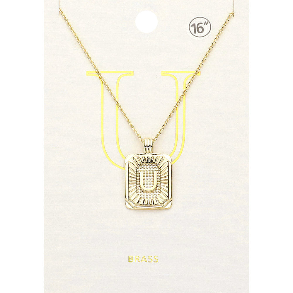 Madeline Love Gold -U- Brass Metal Rectangle Initial Monogram Pendant Necklace - Necklaces