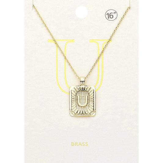 Madeline Love Gold -U- Brass Metal Rectangle Initial Monogram Pendant Necklace - Necklaces