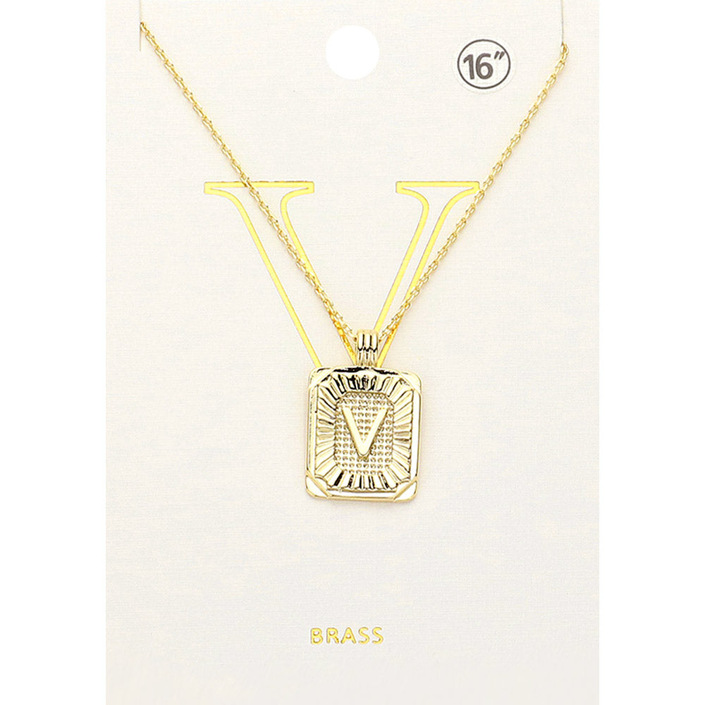 Madeline Love Gold -V- Brass Metal Rectangle Initial Monogram Pendant Necklace - Necklaces