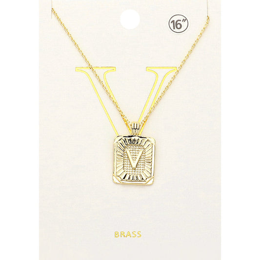 Madeline Love Gold -V- Brass Metal Rectangle Initial Monogram Pendant Necklace - Necklaces