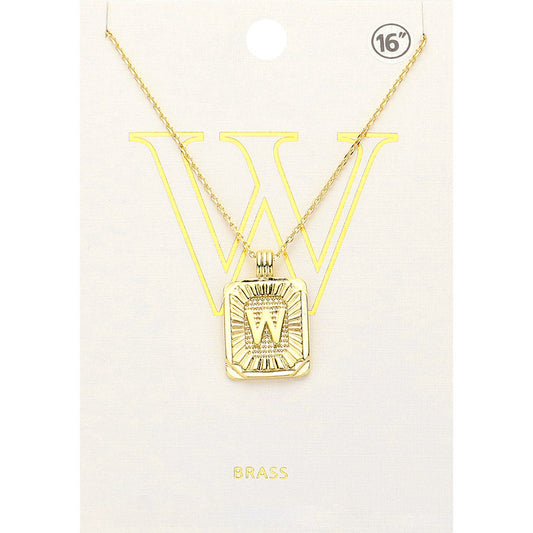 Madeline Love Gold -W- Brass Metal Rectangle Initial Monogram Pendant Necklace - Necklaces