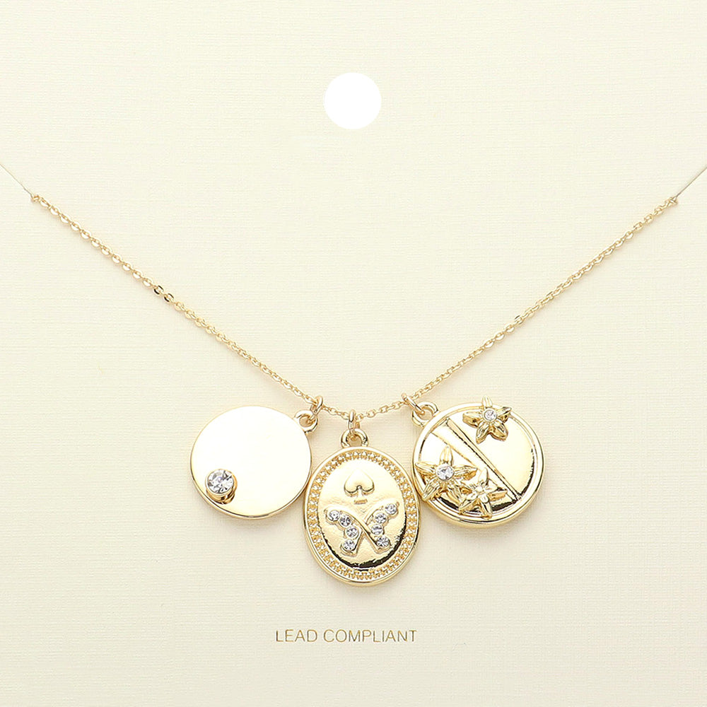 Madeline Love Gold Stone Paved Butterfly Flower Pointed Disc Charm Pendant Necklace - Jewelry