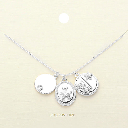 Madeline Love Rhodium Stone Paved Butterfly Flower Pointed Disc Charm Pendant Necklace - Jewelry