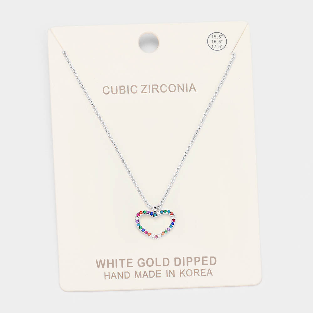 Madeline Love Multi, Rhodium White Gold Dipped CZ Heart Pendant Necklace - Necklaces