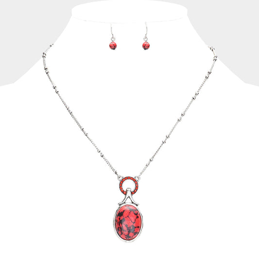 Madeline Love Red Stone Embellished Open Circle Oval Natural Stone Pendant Necklace - Necklaces