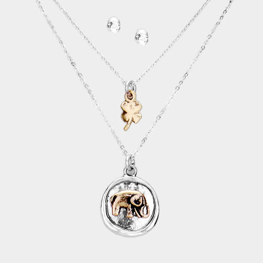 Madeline Love Gold Burnished, Silver Burnished Burnished Metal Elephant Clover Pendant Layered Necklace - Necklaces