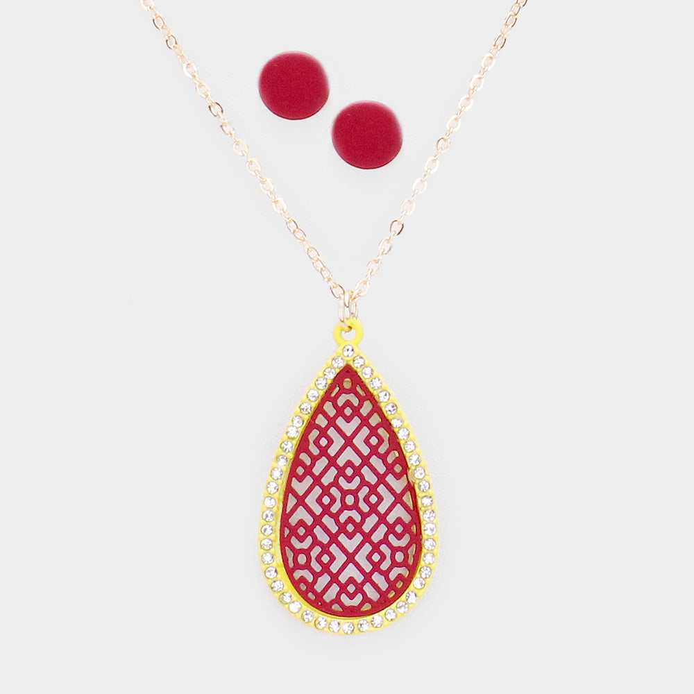 Madeline Love Burgundy, Lime Filigree Rhinestone Pave Teardrop Pendant Necklace - Jewelry