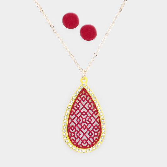 Madeline Love Burgundy, Lime Filigree Rhinestone Pave Teardrop Pendant Necklace - Jewelry