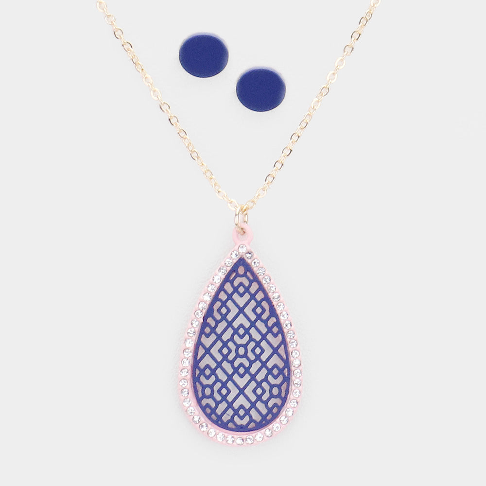 Madeline Love Navy, Pink Filigree Rhinestone Pave Teardrop Pendant Necklace - Jewelry