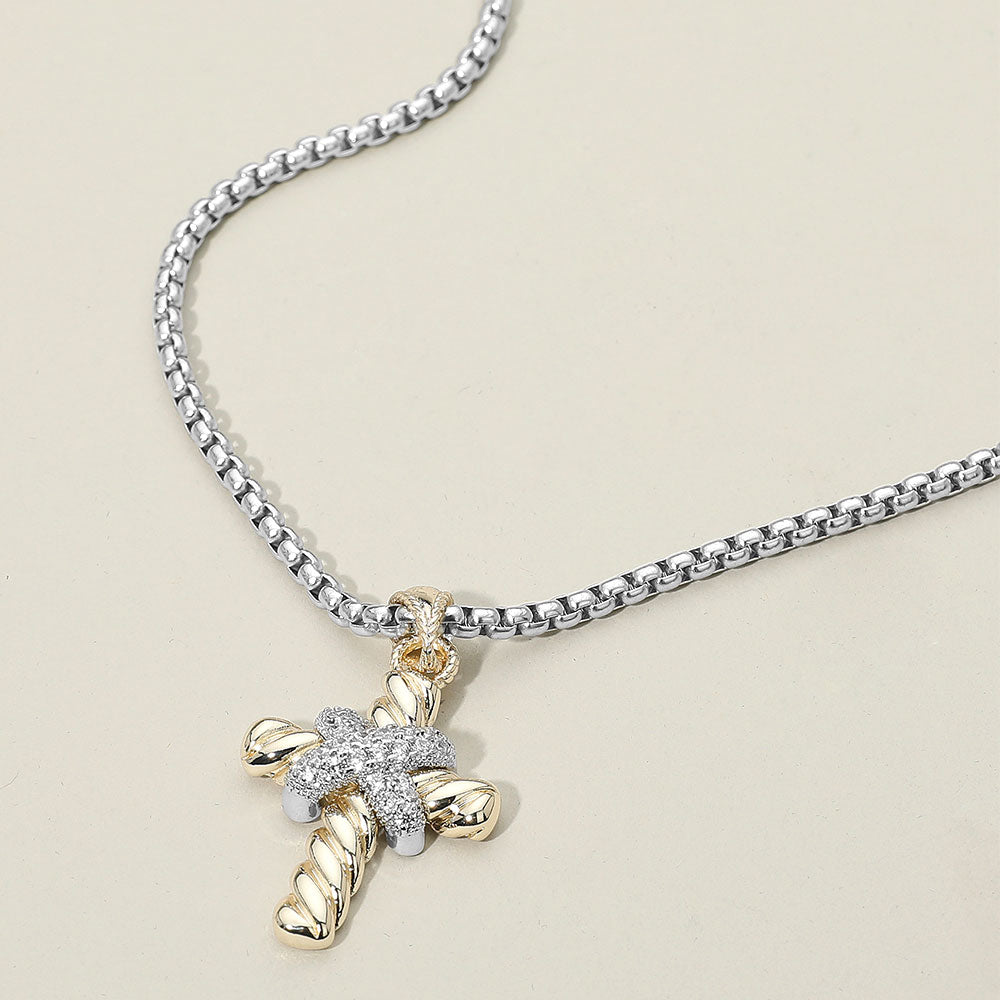 Madeline Love Two Tone 14K Gold Plated Two Tone CZ Stone Paved Cross Pendant Necklace - Jewelry