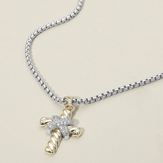 Madeline Love Two Tone 14K Gold Plated Two Tone CZ Stone Paved Cross Pendant Necklace - Jewelry