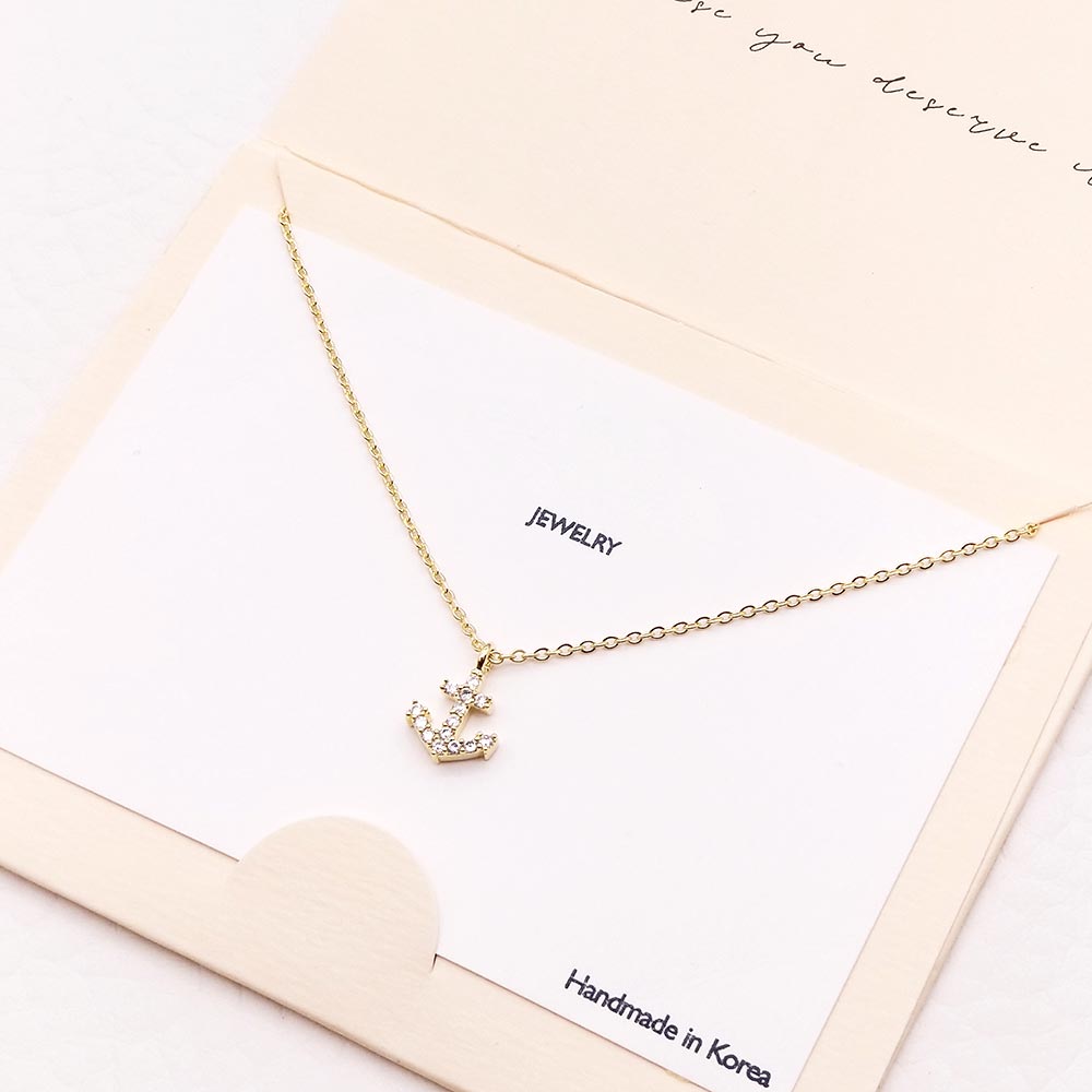 Gold CZ Embellished Anchor Pendant Necklace