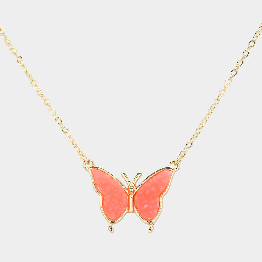 Madeline Love Coral, Neon Butterfly Druzy Pendant Necklace - Jewelry