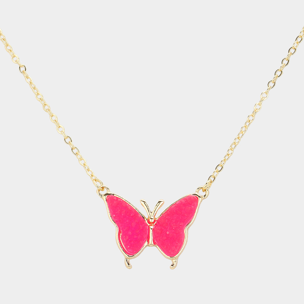 Madeline Love Fuchsia, Neon Butterfly Druzy Pendant Necklace - Jewelry