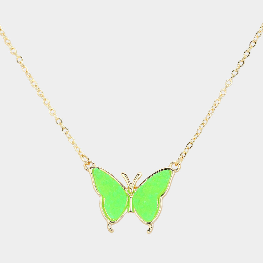 Madeline Love Green, Neon Butterfly Druzy Pendant Necklace - Jewelry