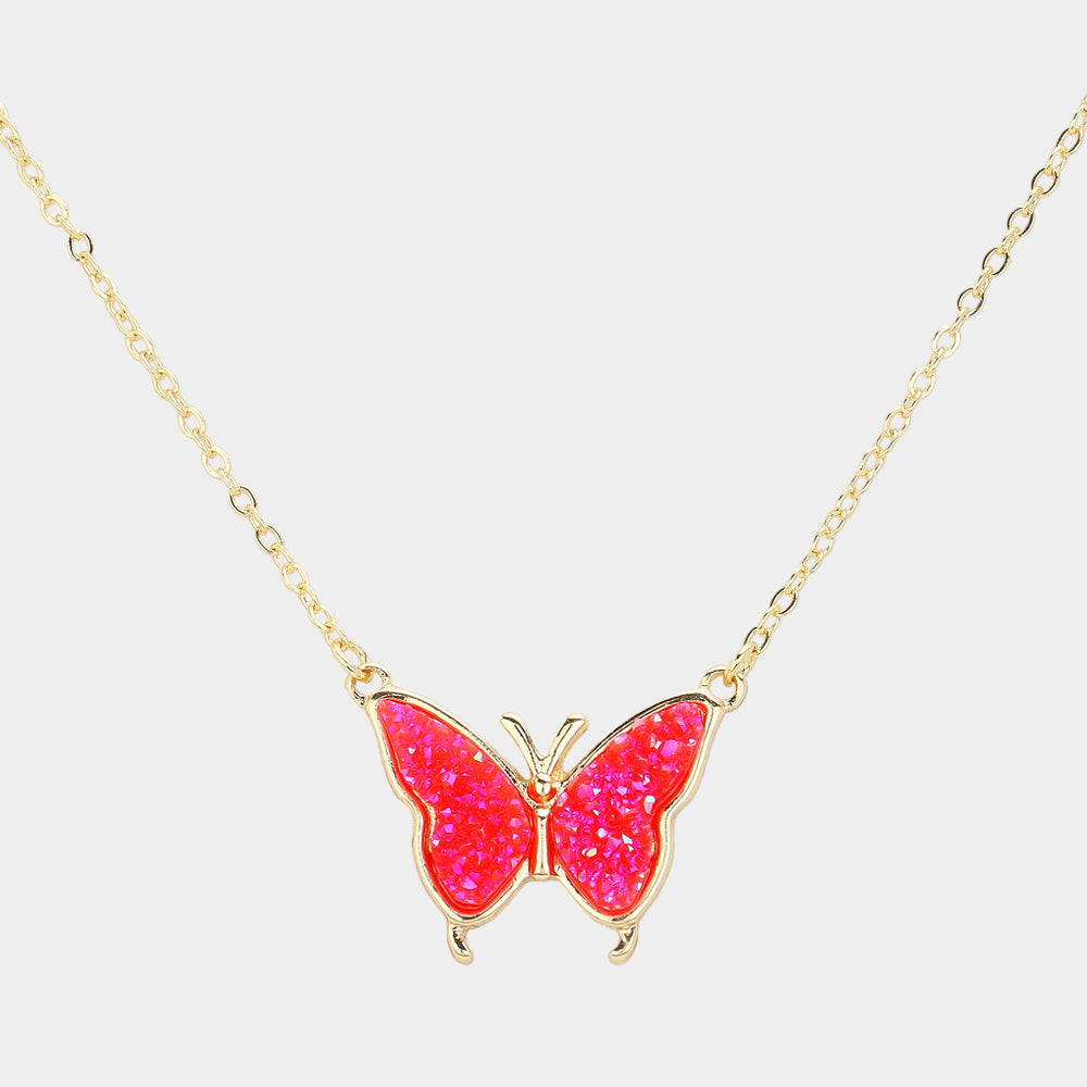 Madeline Love AB, Red Butterfly Druzy Pendant Necklace - Jewelry