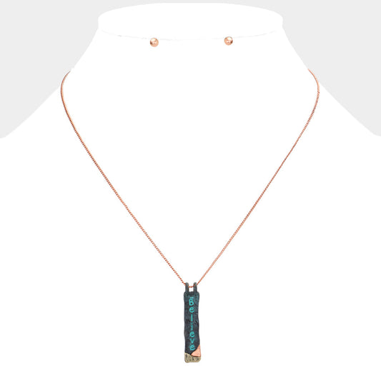 Madeline Love Multi, Patina Verdigris "Believe" Hammered Metal Bar Pendant Necklace - Necklaces