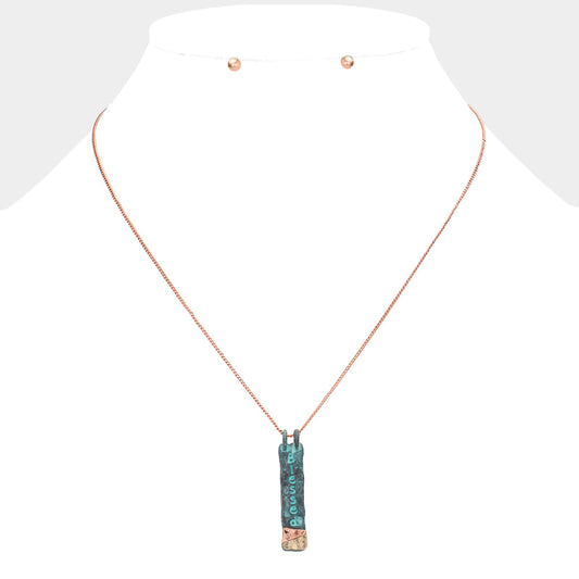 Madeline Love Multi, Patina Verdigris "Blessed" Hammered Metal Bar Pendant Necklace - Necklaces
