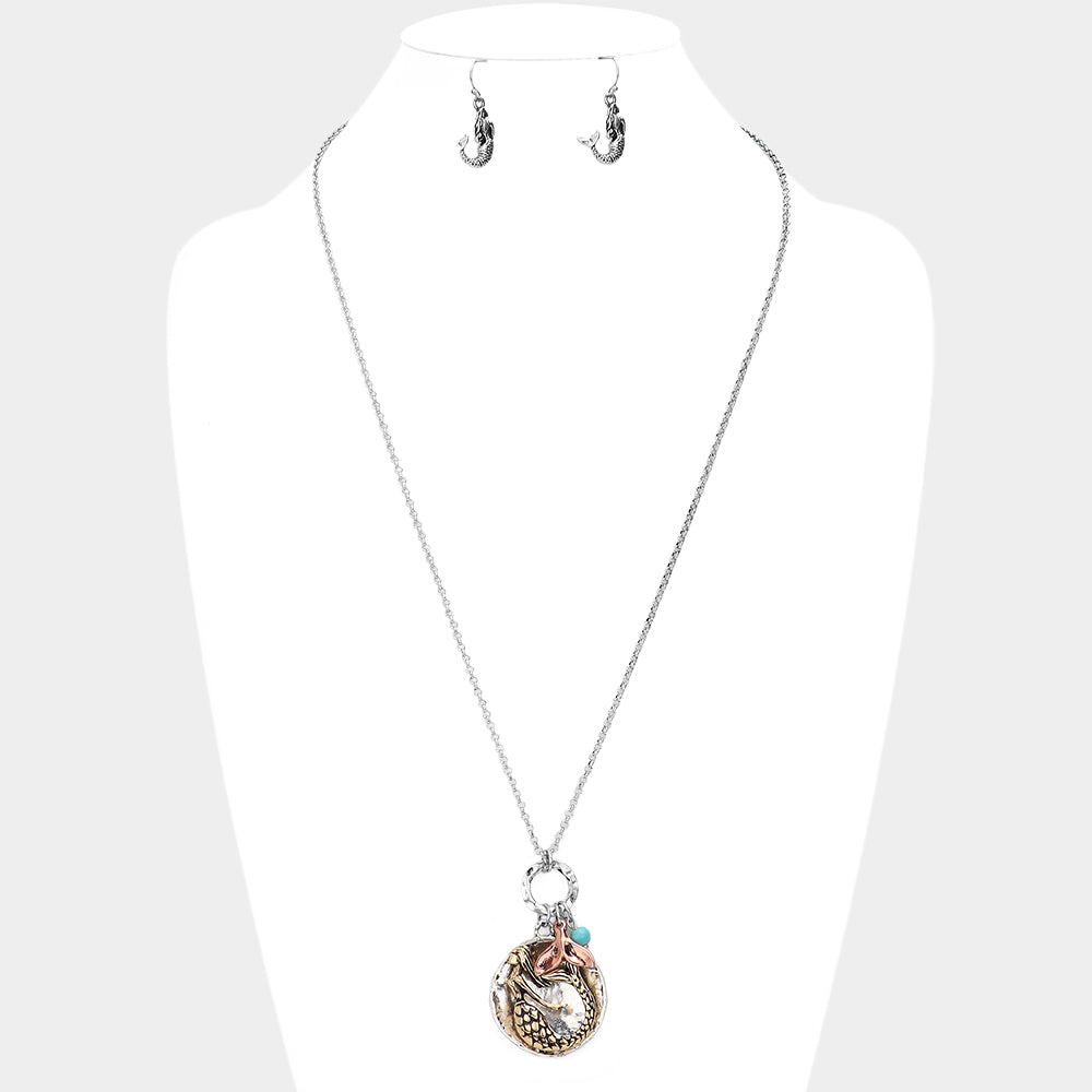 Three Tone Metal Mermaid Round Pendant Whale Tail Charm Necklace