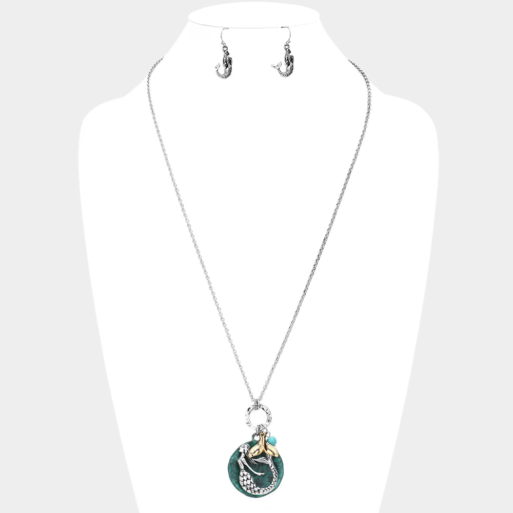 Gold Burnished, Patina Verdigris, Silver Burnished Metal Mermaid Round Pendant Whale Tail Charm Necklace
