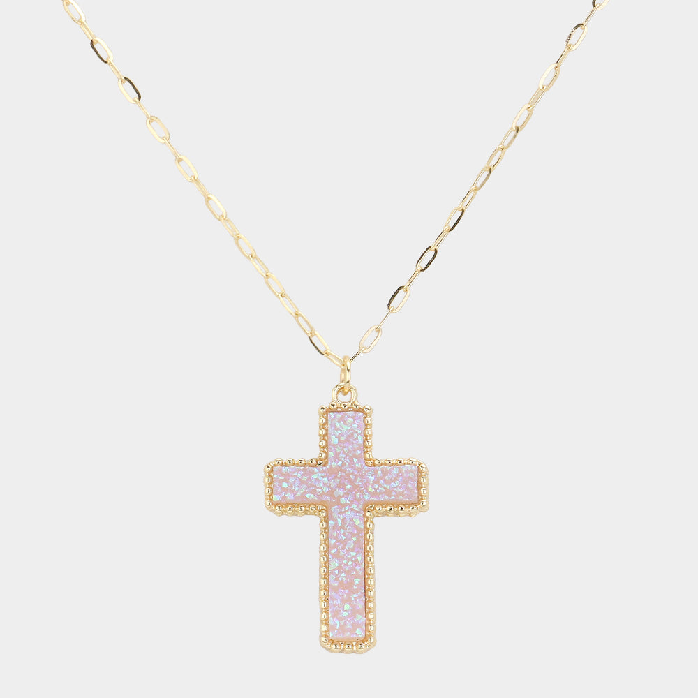Madeline Love AB, Lavender Druzy Cross Pendant Necklace - Jewelry