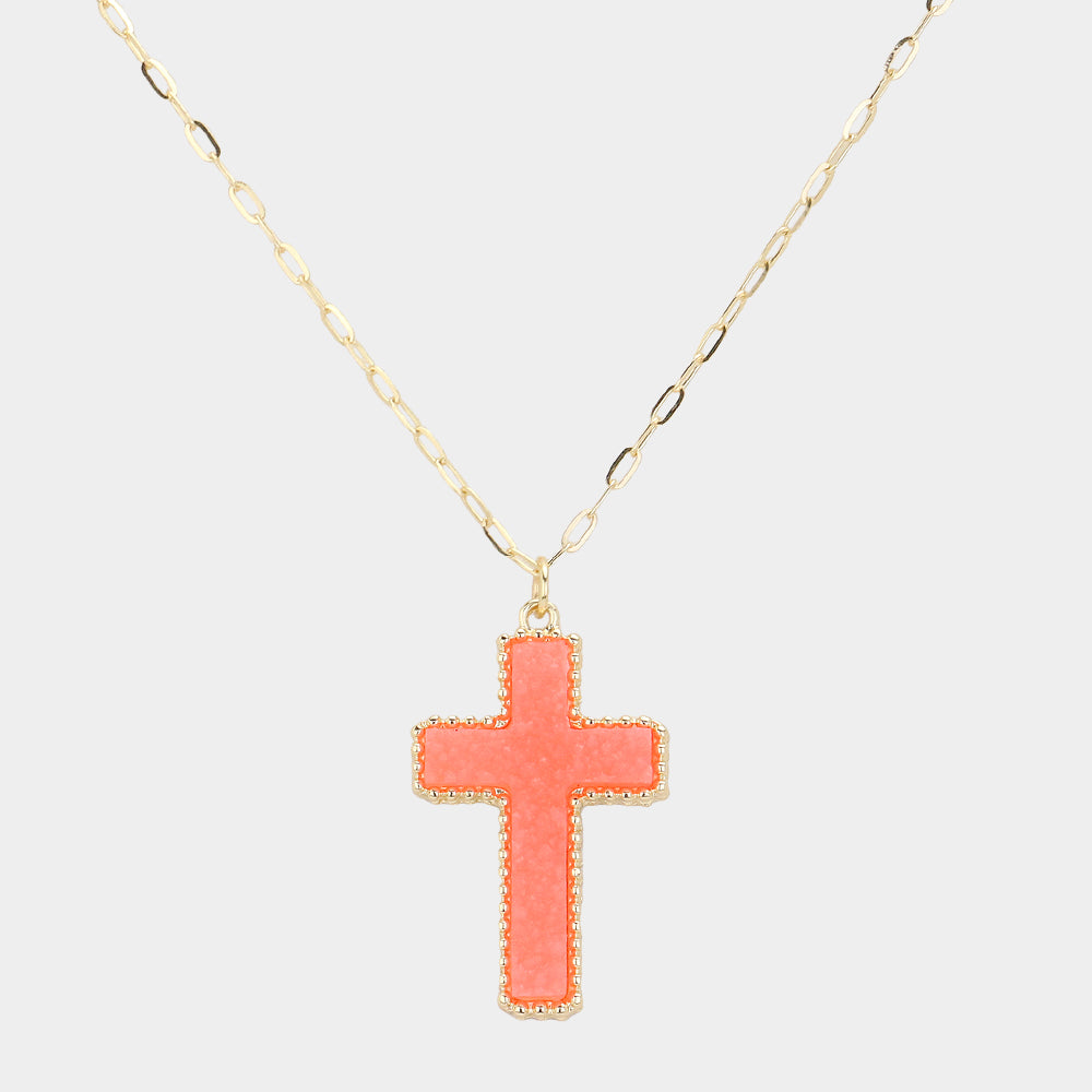 Madeline Love Coral, Neon Druzy Cross Pendant Necklace - Jewelry