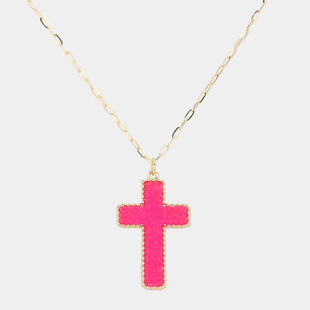 Madeline Love Fuchsia, Neon Druzy Cross Pendant Necklace - Jewelry